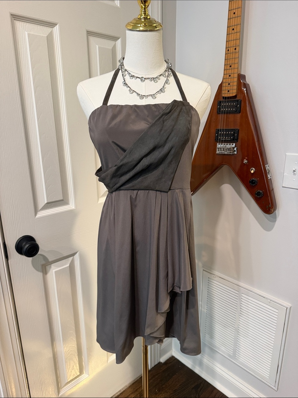 Alice + Olivia Charcoal Gray Halter Midi Dress with Draped Overlay